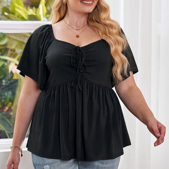 Black Plus Size Ruched Front Babydoll Top - Picture 16 of 16